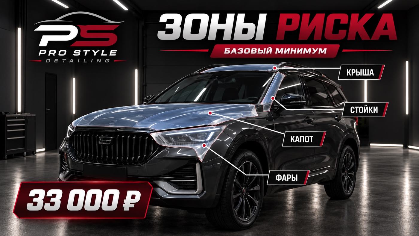 Схема зон риска для оклейки антигравийной плёнкой: капот, стойки, крыша, фары